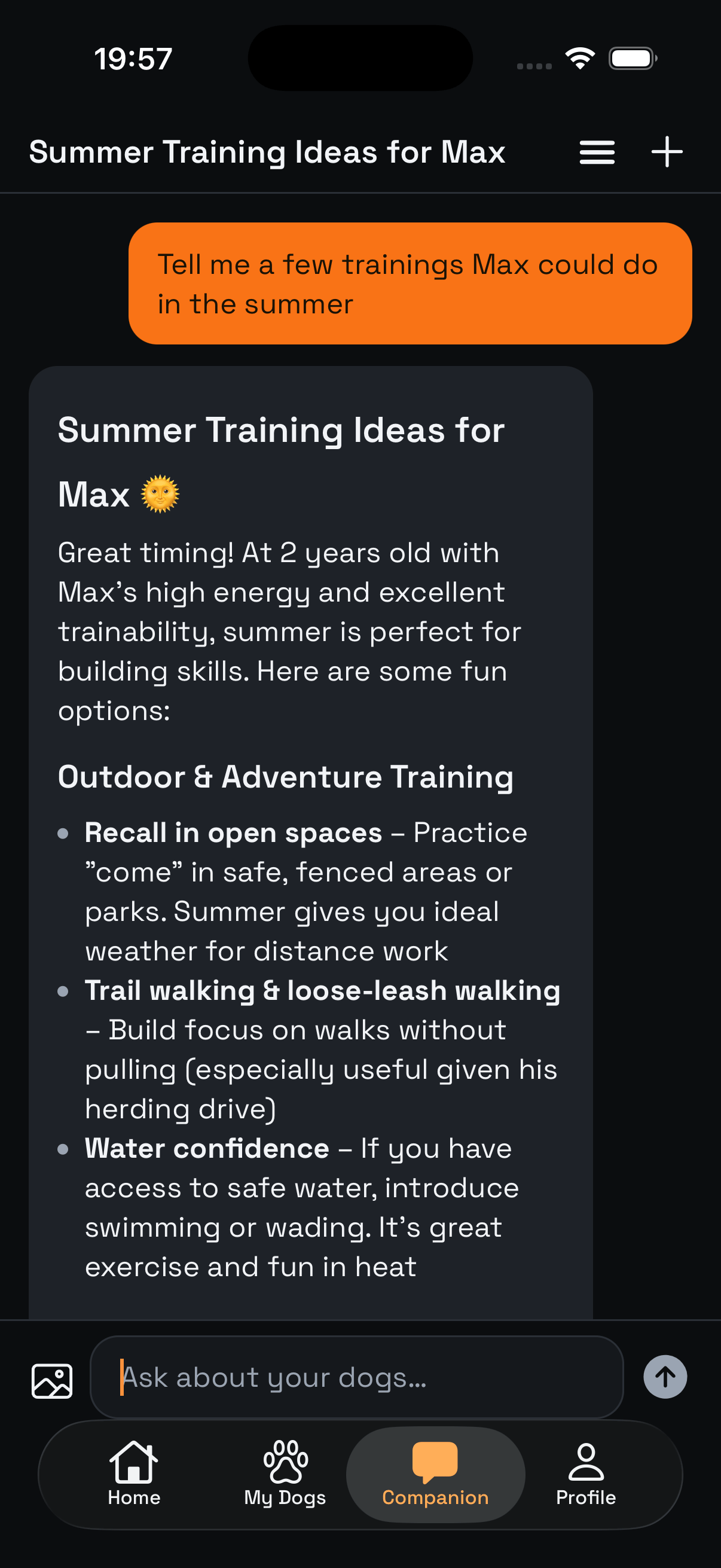 Animalis AI companion answering a question about training Max