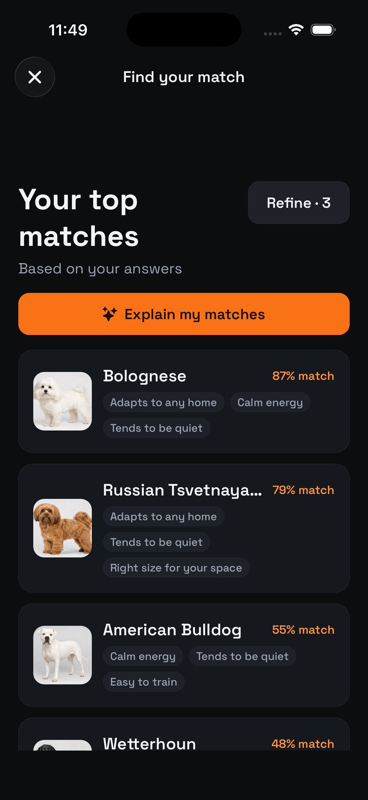 Animalis showing ranked breed matches with match percentages